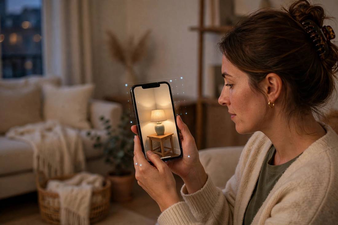 Shopper pointing a smartphone at a living room corner where a true-to-size AR table lamp appears