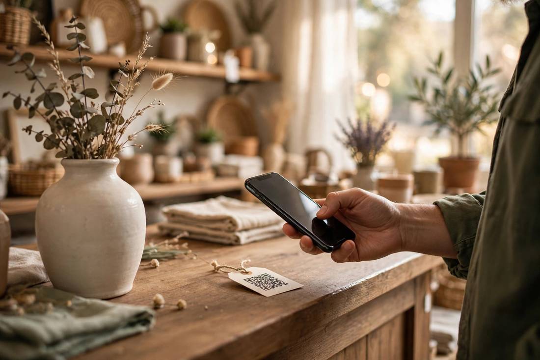 Ceramic vase on a decor shop counter with a QR code tag, a customer scanning it with a smartphone